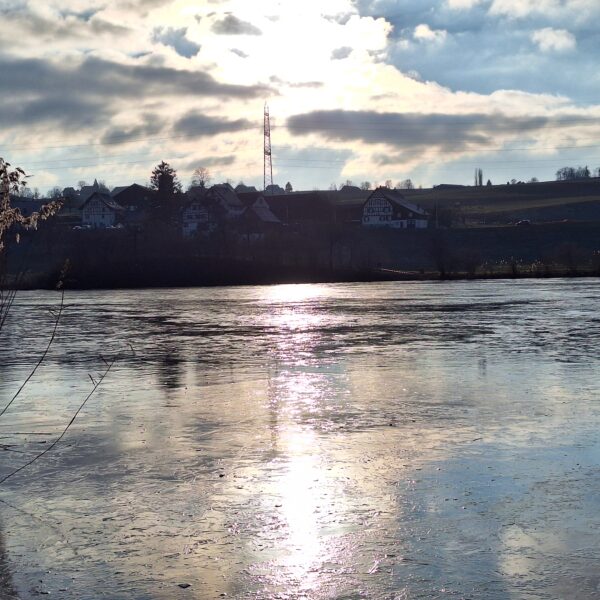 Horgener Bergweiher mit Dorf und Sendemast im Sonnenlicht