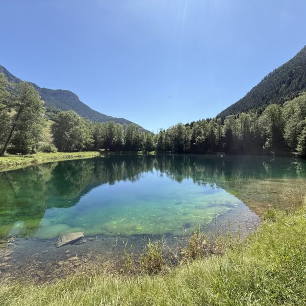 Kristallklarer Bergsee mit grünen Ufern und Bergen im Hintergrund, Laghetti Audan