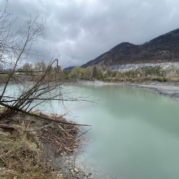 Ein ruhiger, türkisfarbener Caluori Weiher fließt durch eine felsige Landschaft mit blattlosen Bäumen im Vordergrund und bewaldeten Hügeln unter einem wolkigen, bedeckten Himmel.