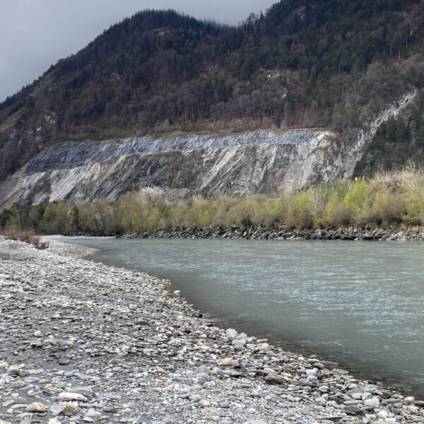 Ein flaches, felsiges Flussufer führt zu einem breiten, ruhigen Fluss. Am gegenüberliegenden Ufer befinden sich grüne Bäume und ein steiler, felsiger Hang mit freiliegenden Steinschichten unter einem bewölkten Himmel.