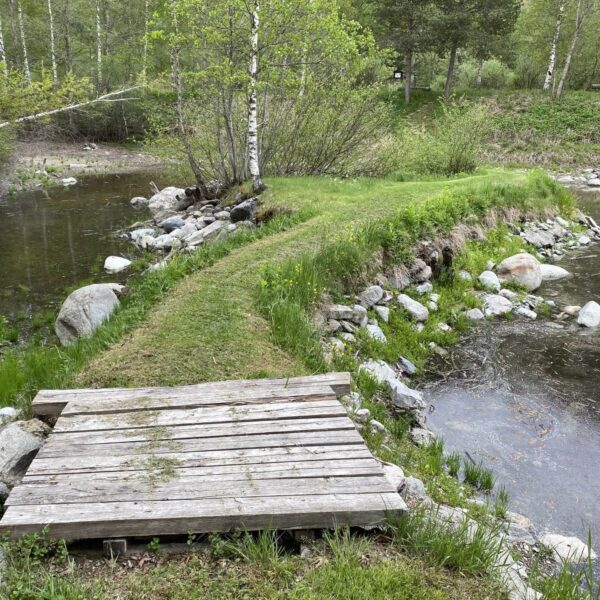 Eine kleine Holzbrücke führt zu einem von Felsen und Wasser gesäumten Graspfad im Biotop Salischinas, umgeben von grünen Bäumen und Sträuchern in einer friedlichen, natürlichen Umgebung.