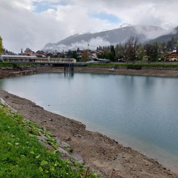 Ein ruhiger See, der Doggilochsee, mit felsigem Ufer ist von grünem Gras und Bäumen umgeben. Im Hintergrund liegt ein kleines Dorf am Fuße nebliger, schneebedeckter Berge unter einem wolkigen Himmel.