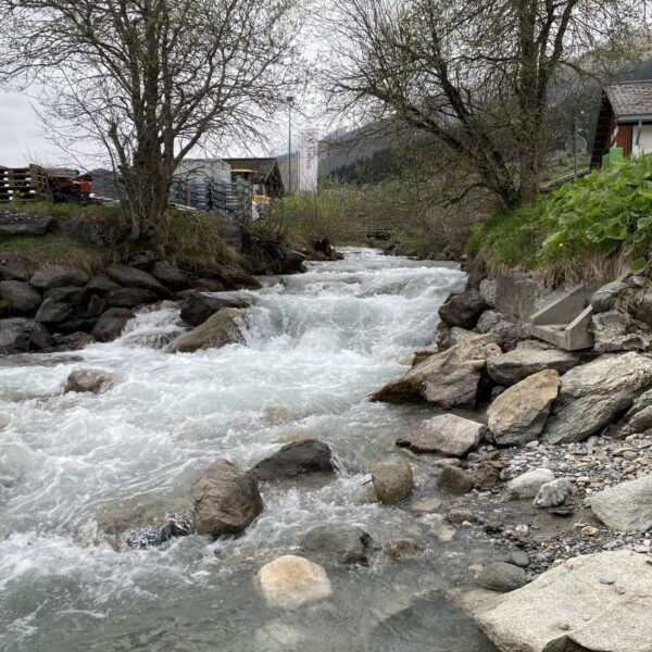 Ein schnell fließender Bach fließt zwischen Felsen und Grün in der Region Flem bei Brigels, umgeben von Bäumen und kleinen Gebäuden auf beiden Seiten. Der Himmel ist bedeckt, und im Hintergrund sind teilweise Hügel in der Ferne zu sehen.