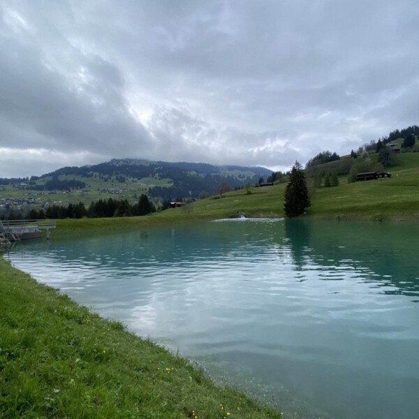Der ruhige, türkisfarbene Plävigginersee ist von grünen Hügeln und vereinzelten Bäumen umgeben. Im Hintergrund sind ein bewölkter Himmel und ferne Berge zu sehen. Nahe dem Wasserrand steht ein kleines Gebäude.