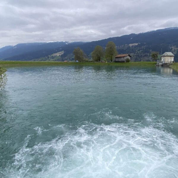 Ein Blick auf den ruhigen Plävigginersee mit plätscherndem Wasser im Vordergrund, grünem Gras am Ufer, ein paar Bäumen und kleinen Häusern und Bergen im Hintergrund unter einem bewölkten Himmel.