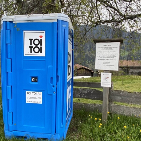 Eine blaue mobile Toilette von TOI TOI steht auf einer Wiese neben einem Holzzaun mit gelben Blumen. Dahinter ist ein Schild mit Text zu sehen. Im Hintergrund ist die malerische Berglandschaft des Plävigginersees zu sehen.