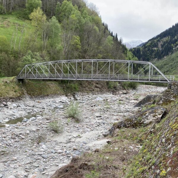 Eine Metallfachwerkbrücke überspannt das felsige, meist trockene Flussbett des Rein da Sumvitg, eingebettet in eine grüne Berglandschaft mit Bäumen und bewölktem Himmel.
