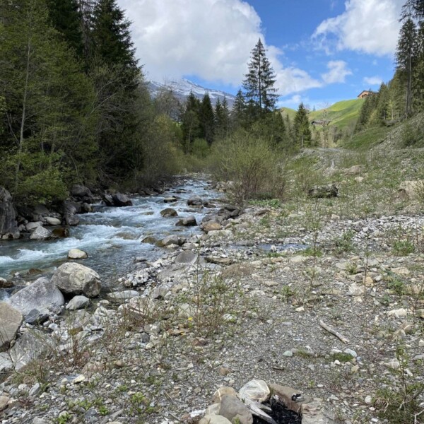 Eine felsige Flusslandschaft entlang des Schanielabachs, umgeben von grünen Bäumen und Hügeln unter einem teilweise bewölkten Himmel. Im Vordergrund befindet sich eine kleine Feuerstelle aus Steinen, in der Aschereste lagern.