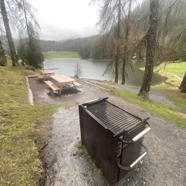 Ein Metallgrill steht neben Picknicktischen am nebligen Schwarzsee in Davos, umgeben von Bäumen und Grasflächen an einem bewölkten Tag. Die Szenerie wirkt feucht, mit nassem Boden und bedecktem Himmel in der Nähe von Laret.