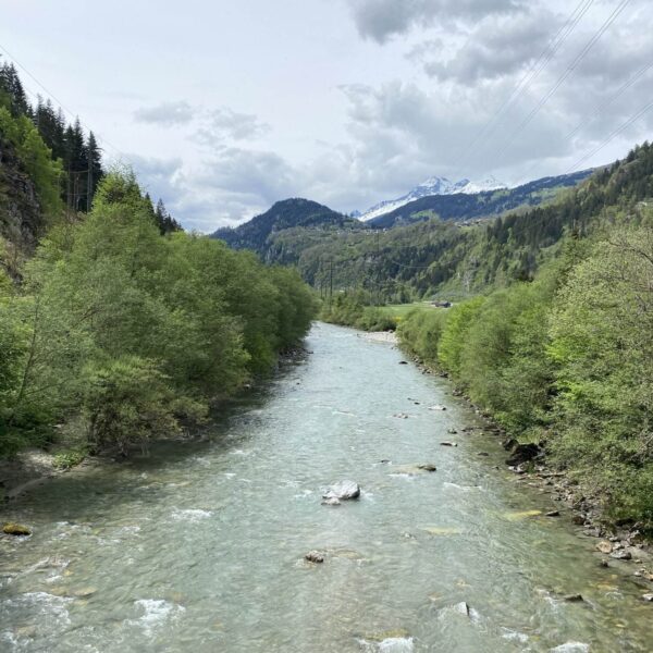 Ein klarer Fluss fließt durch ein üppiges, grünes Tal, das von Bäumen und Hügeln gesäumt ist. In der Ferne sind unter einem teilweise bewölkten Himmel schneebedeckte Berge zu sehen.