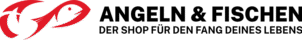 Logo mit stilisiertem roten Fisch und Haken auf der linken Seite. Auf der rechten Seite steht in fetter schwarzer Schrift „ANGELN & FISCHEN“, darunter kleinerer Text: „DER SHOP FÜR DEN FANG DEINES LEBENS“.