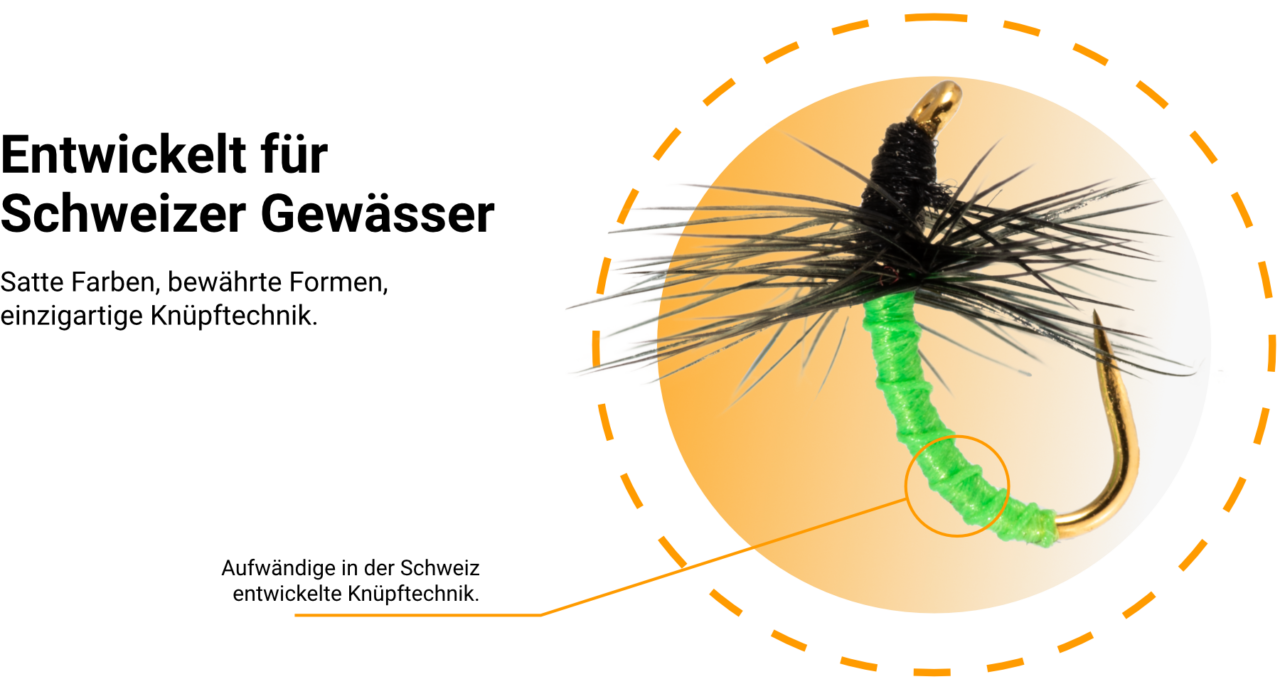 Eine Nahaufnahme einer Ratz-Fatz-Satz-Angelfliege mit goldenem Haken, schwarzem Federkranz und hellgrünem segmentiertem Körper vor einem orange-weißen Hintergrund mit einem kreisförmigen Akzent, der einen Teil des Körpers hervorhebt.