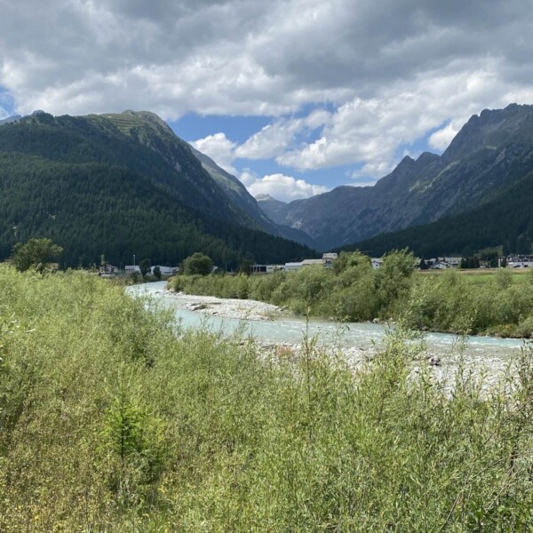 Ein Fluss fließt durch üppige grüne Vegetation mit hohen Bergen im Hintergrund unter einem teilweise bewölkten Himmel. Am Fuße der Berge sind kleine Gebäude sichtbar.
