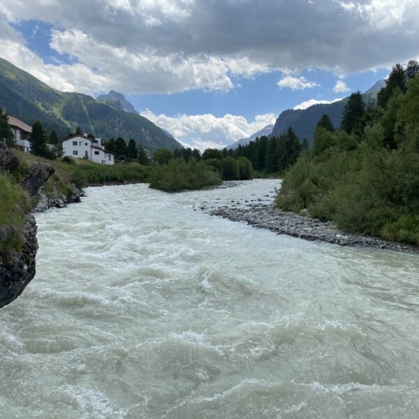 Zwischen grünen, baumbedeckten Hügeln in der Nähe von Pontresina fließt der schnell fließende Fluss Flaz, mit ein paar weißen Häusern am linken Ufer und Bergen im Hintergrund unter einem teilweise bewölkten Himmel.