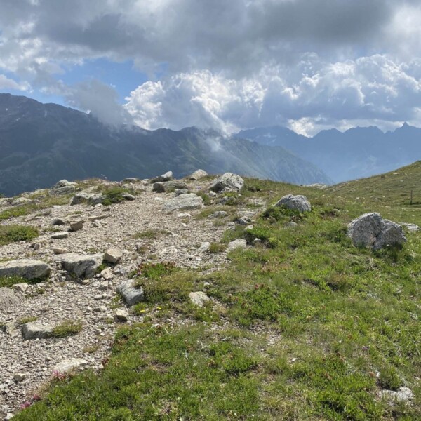 Ein felsiger, von grünem Gras gesäumter Bergpfad führt unter einem Himmel voller dramatischer, grauer Wolken zu den fernen, nebligen Gipfeln in der Nähe des Berninapasses.