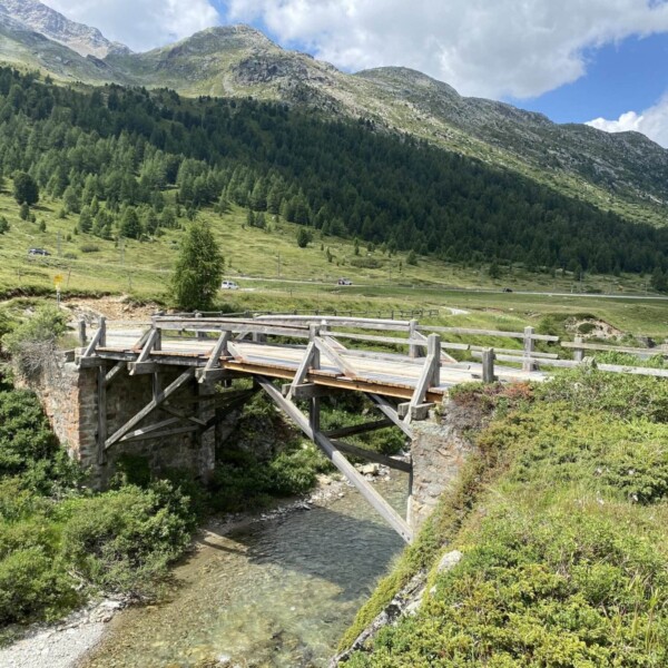 Eine rustikale Holzbrücke mit fehlenden Brettern überspannt den Berninabach, einen flachen, steinigen Bach in einer üppigen Berglandschaft mit grünen Hügeln und vereinzelten Bäumen unter einem teilweise bewölkten Himmel.