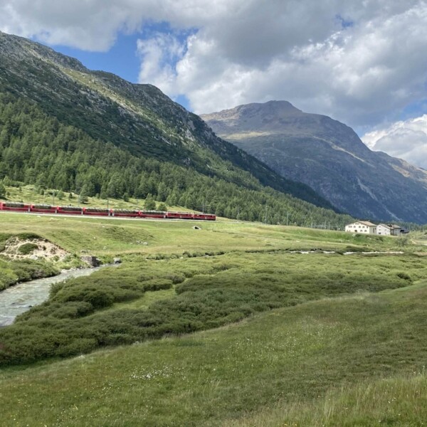 Ein roter Zug fährt durch ein grünes Tal mit dem Berninabach, umgeben von bewaldeten Hügeln und Bergen unter einem teilweise bewölkten Himmel. In der Ferne steht ein weißes Gebäude in der Nähe des Zuges.