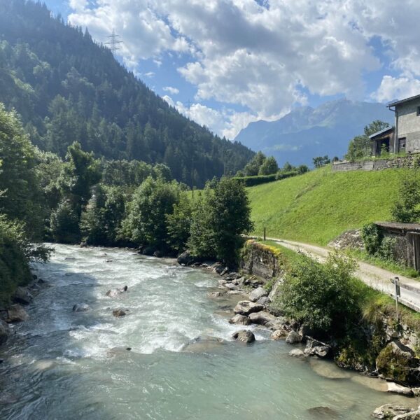 Ein klarer Gebirgsfluss fließt neben einem rustikalen Haus und einem Brennholzstapel, umgeben von üppigen grünen Bäumen und Hügeln unter einem teilweise bewölkten blauen Himmel, mit fernen Bergen im Hintergrund.