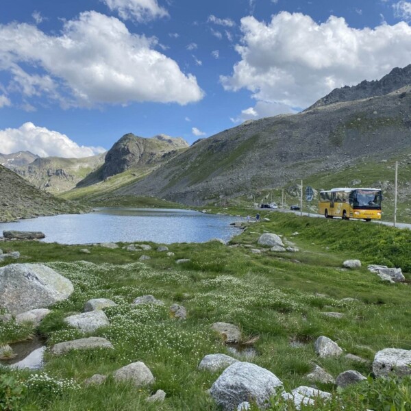 Ein gelber Bus fährt die kurvenreiche Flüelapassstraße neben Schwarzsee entlang, umgeben von Graswiesen, Felsen und fernen Bergen unter einem teilweise bewölkten Himmel.