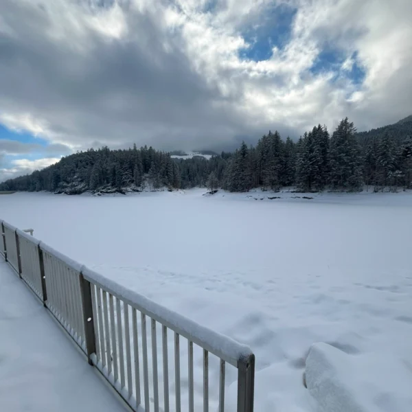 Ein schneebedeckter See, umgeben von Kiefern unter einem bewölkten Himmel. Im Vordergrund verläuft ein Metallgeländer am schneebedeckten Ufer entlang. Im Schnee sind Fußspuren zu sehen.