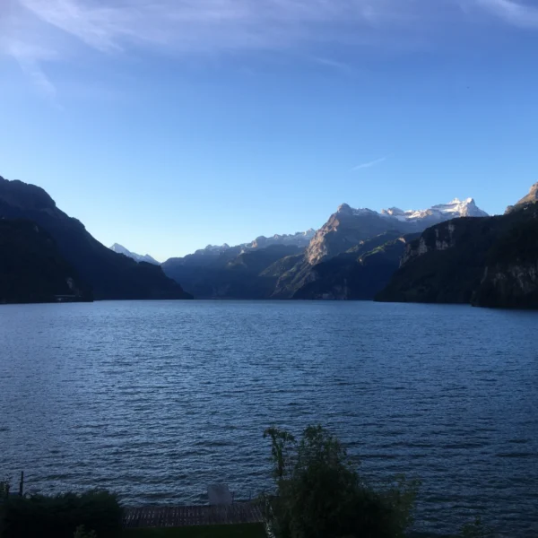 Vierwaldstättersee: Ruhige Seeansicht mit Bergen im Hintergrund.