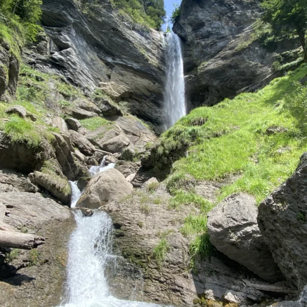 Berschnerbach Wasserfall stürzt über Felsen und grüne Hänge in die Tiefe.
