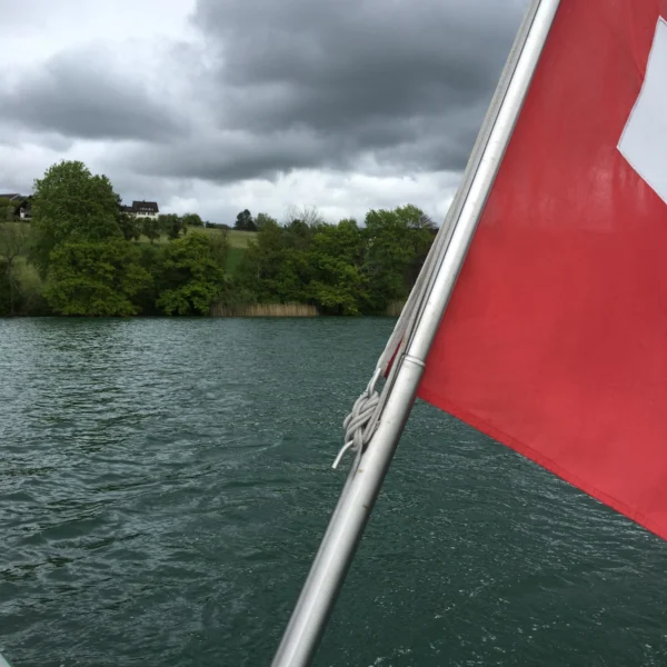 Eine teilweise sichtbare rot-weiße Flagge auf einem Boot, umgeben von grünen Bäumen und grasbewachsenen Hügeln am Ufer des Hallwilersees in der Schweiz. Das Wasser erscheint tiefgrün und leicht gekräuselt unter einem bewölkten Himmel.