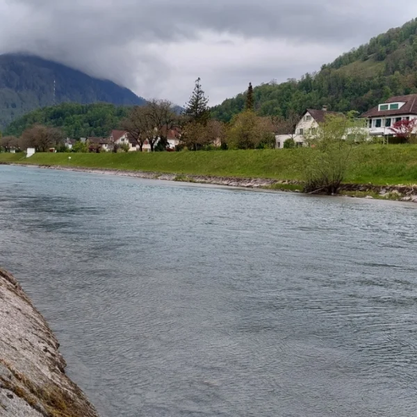Ein ruhiger Fluss fließt zwischen grasbewachsenen Ufern mit Häusern und Bäumen auf der einen Seite, im Hintergrund erheben sich Berge unter einem bewölkten Himmel.