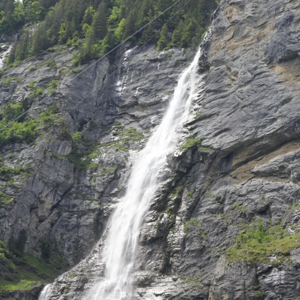 Ein hoher Wasserfall, der an die Staubbachfälle in Lauterbrunnen erinnert, stürzt einen felsigen, bewaldeten Berghang hinab, mit üppigen grünen Bäumen auf der Spitze und grünen Flecken entlang der Klippe.