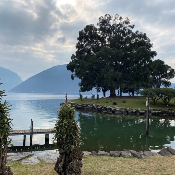 Luganersee: Blick auf eine kleine Insel mit Bäumen und einem Steg im Lago di Lugano.