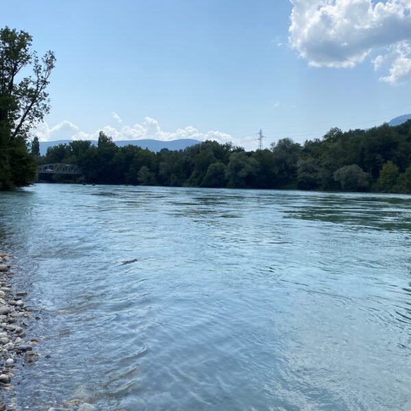 Ein ruhiger Fluss fließt an einem felsigen Ufer mit Bäumen an beiden Ufern vorbei, während der Himmel blau und wolkenverhangen ist; im Hintergrund sind eine Brücke und entfernte Hügel zu sehen.