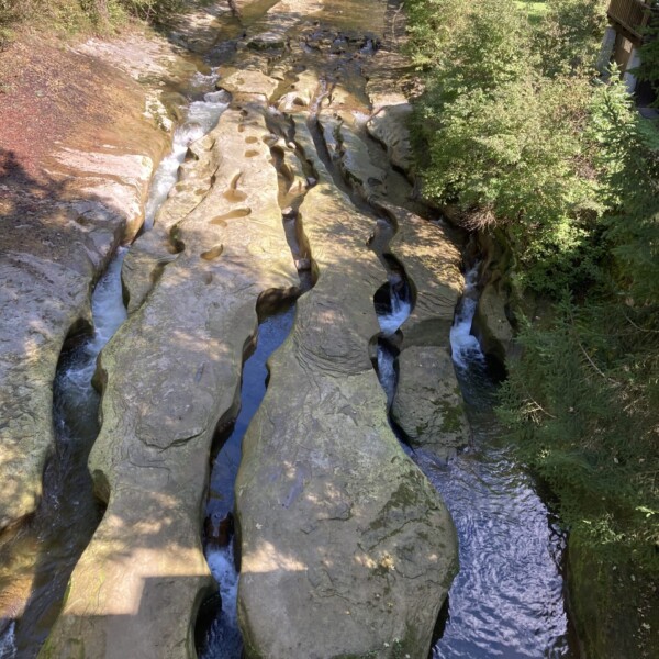 Ein kleiner Bach fließt über breite, flache Felsformationen mit glatten, schmalen Kanälen, die das Wasser gegraben hat. Bäume und Grünflächen säumen beide Seiten, und das Sonnenlicht wirft Schatten auf den felsigen Bach.