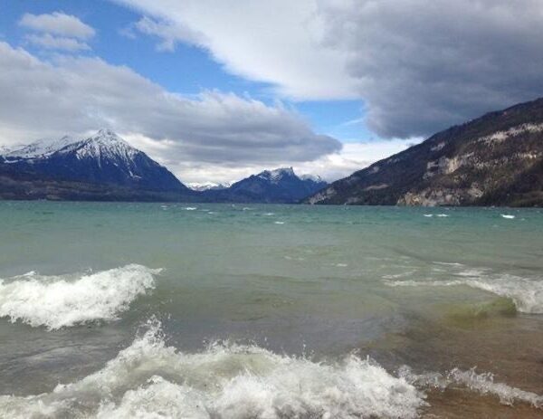 Die Wellen schlagen an das Ufer eines türkisfarbenen Sees, umgeben von schneebedeckten Bergen und bewaldeten Hügeln unter einem wolkenverhangenen Himmel.