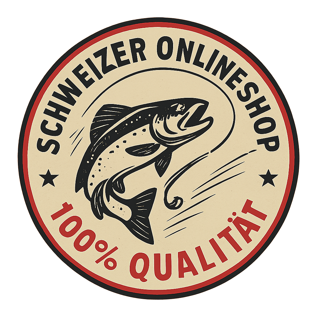 Ein kreisförmiges Logo im Vintage-Stil mit einem springenden Fisch in der Mitte, umgeben vom Text "Schweizer Onlineshop" oben und "100% Qualität" unten, mit zwei Sternen auf beiden Seiten.