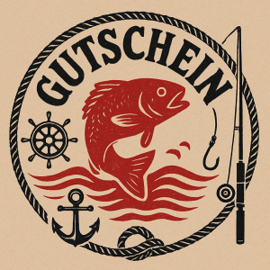 Eine Illustration im Vintage-Stil für den Geschenkgutschein zeigt einen roten Fisch, der über die Wellen springt, mit nautischen Symbolen - Schiffsrad, Anker, Haken und Rute - um ihn herum. Über dem Fisch steht "GUTSCHEIN" in einem von einem Seil umrandeten Kreis.
