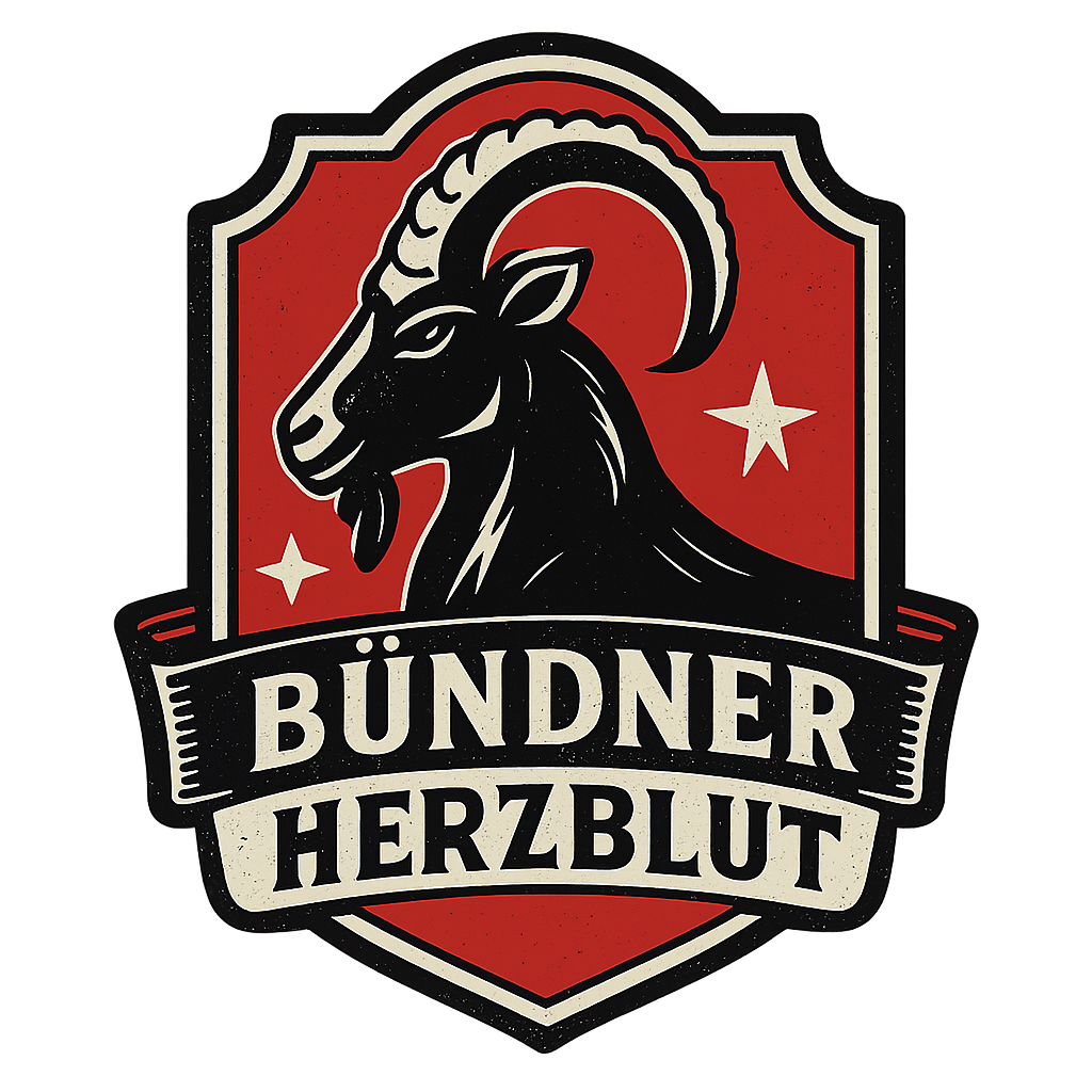 Ein stilisiertes Logo zeigt einen schwarzen Alpensteinbock mit gebogenen Hörnern auf einem rot-beigen Schild. Unter dem Steinbock befinden sich zwei Sterne und der Text "Bündner Herzblut" in fetten Lettern.