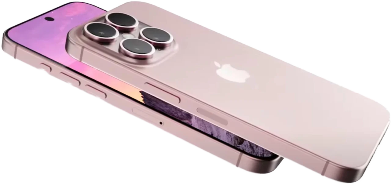 Zwei moderne iPhones mit rosafarbener Oberfläche sind aufeinander gestapelt. Das obere Telefon zeigt seine Rückseite mit drei Kameralinsen, während das untere seinen Bildschirm mit einem Hintergrundbild in Lila und Rosa zeigt - perfekt für eine stilvolle Gewinnspiel-Promotion.