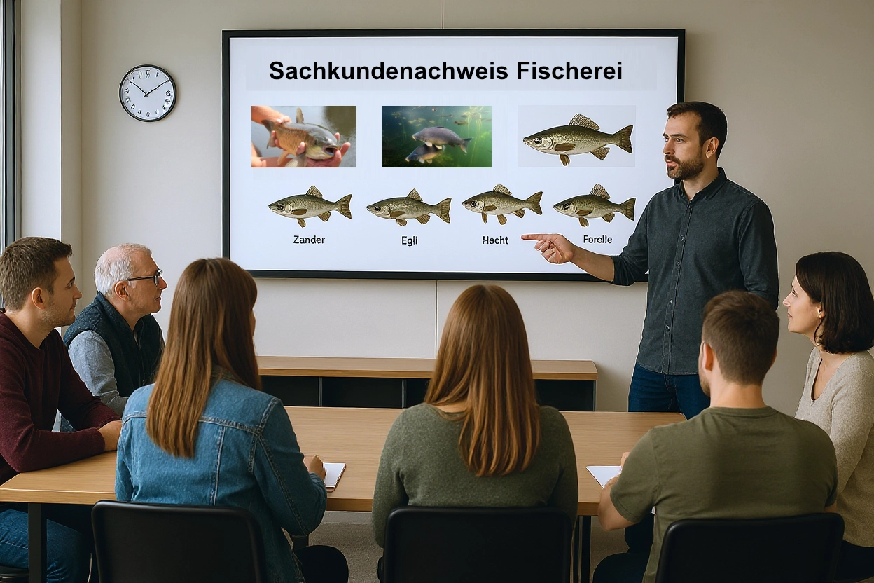 Ein Mann steht und zeigt auf einen Bildschirm, auf dem verschiedene Fischarten und der deutsche Titel "Sachkundenachweis Fischerei" zu sehen sind, während fünf Personen an einem Tisch sitzen und während des Kurses Schweizer Fischerprüfung (SaNa) zuschauen und mitschreiben.