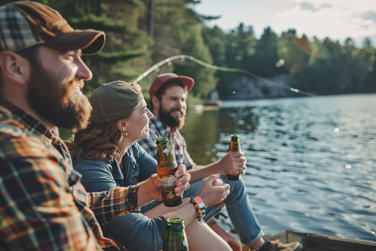 Drei Freunde sitzen auf einem hölzernen Steg an einem See, lächeln und halten Bierflaschen in der Hand. Ein Freund zeigt seine Angelkünste mit einem SaNa-Zertifikat, während die Sonne auf das Wasser und den Wald im Hintergrund scheint.