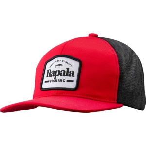 Rapala Snapback-Cap rot mit gesticktem Aufnäher: Rote Angelkappe mit schwarzem Netzstoff