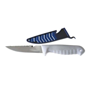 Messer mit gezahnter Klinge und blauer Scheide. Das Messer hat einen weißen Griff.