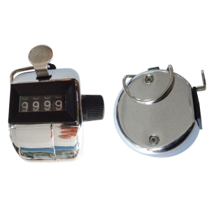 Handzähler: Metallischer Handzähler mit vierstelliger Anzeige, ideal zum Zählen.