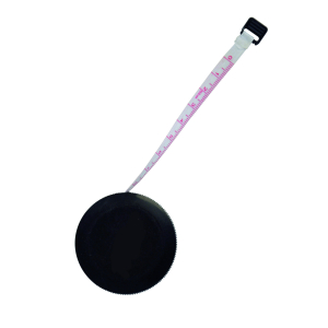 Massband 1,5m: Schwarzes, einziehbares Maßband mit weißem Band und roter Skala.