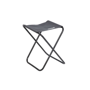 Leichter Klappstuhl: Faltbarer Hocker mit schwarzem Stoffbezug und schwarzem Metallgestell.
