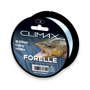 Eine Spule Climax 450m Zielfisch Forelle hellblau, 0,17mm Durchmesser, mit einem Forellenmotiv auf dem Etikett und "Made in Germany" am unteren Rand.