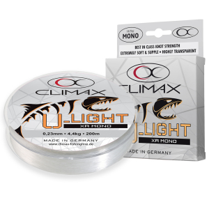 Eine Spule und eine Schachtel Climax 200m 0,18mm U-Light Mono transparent SB Angelschnur, mit einer Fischgrafik, Produktbranding, 4.4kg Stärke und weiß-grau-orange Farben.
