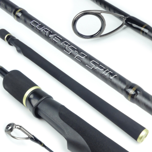 Nahaufnahme der schwarzen PS1811 Curve RS-2 Angelrute mit Schaumstoffgriff, metallischen Akzenten und detaillierten Rutenführungen und Griff.