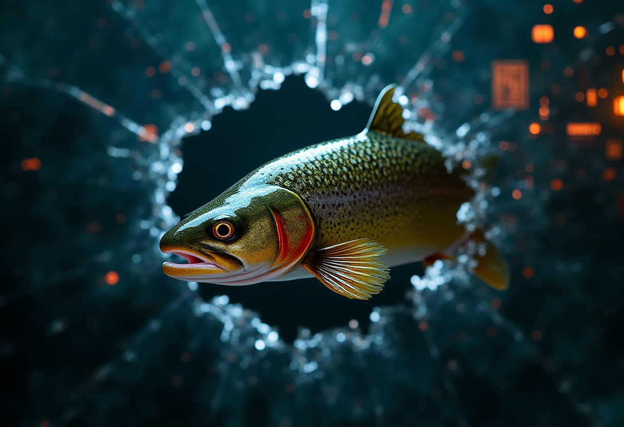 Forelle durchbricht einen Bildschirm mit dem Fehlercode 404.