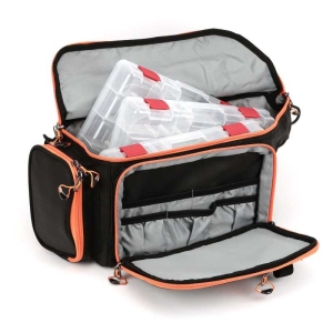 Schultertasche mit 3 Boxen, offen, mit orangefarbenen Akzenten.