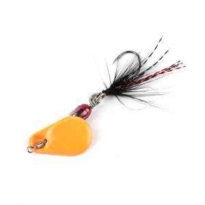 Ultra Light Spin Drop orange: Angelköder mit orangefarbener Klinge, roten und schwarzen Akzenten und Haken mit Federn.